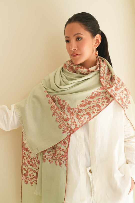 Kashmir Loom Sozni Mehrish Dordar  Hand Embroidered Pashmina Shawl Iceblue