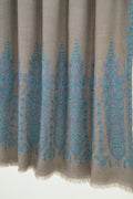 Kashmir Loom Sozni Naila Palledar Hand Embroidered Pashmina Large Shawl Natural Blue