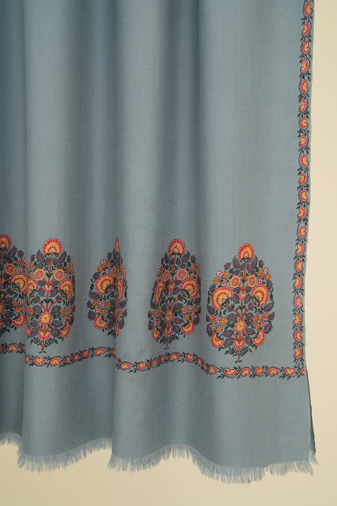 Hand Embroidered Pashmina Sozni Palledar Buta Shawl Arctic | Kashmir Loom