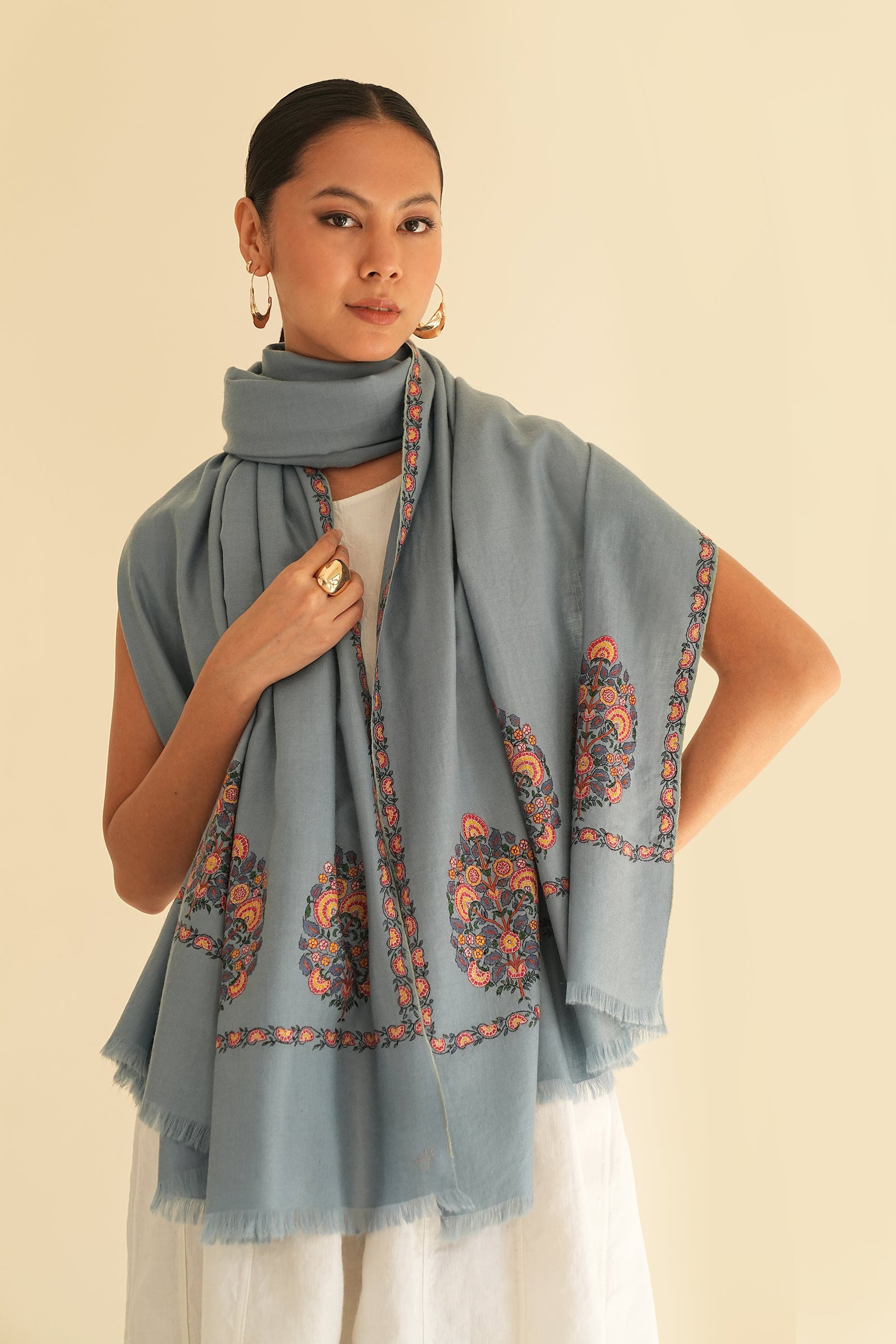 Sozni Naima Palledar Buta Hand Embroidered Pashmina Shawl Arctic