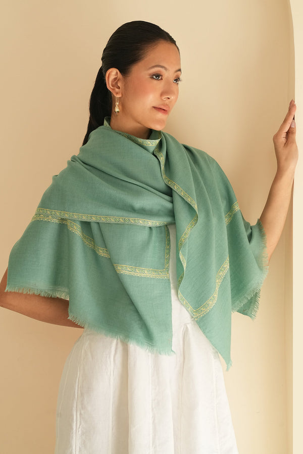 Sozni Nasrin Baildar Hand Embroidered Pashmina Stole Aquamarine