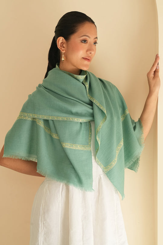 Kashmir Loom Sozni Nasrin Baildar Hand Embroidered Pashmina Stole Aquamarine