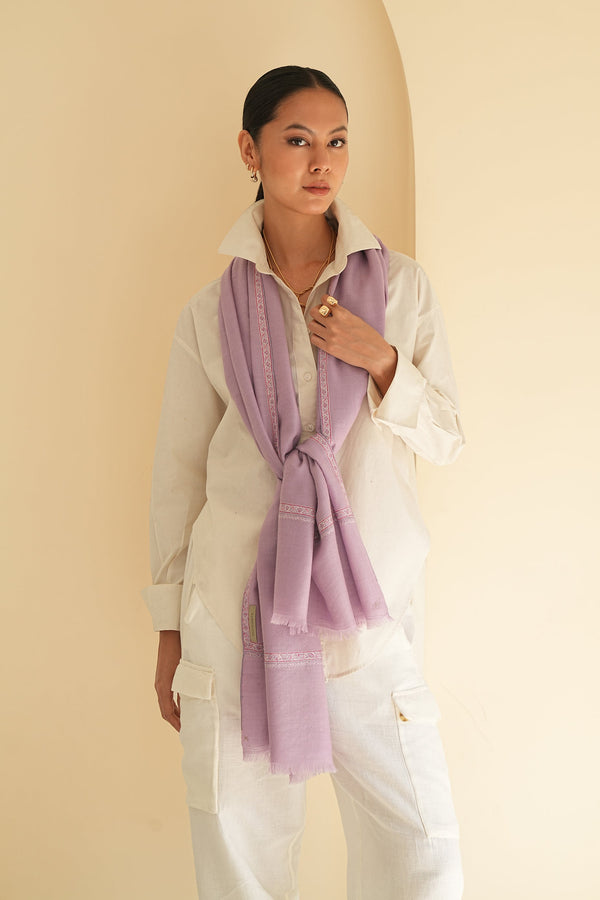 Sozni Nasrin Baildar Hand Embroidered Pashmina Stole Wisteria Pink