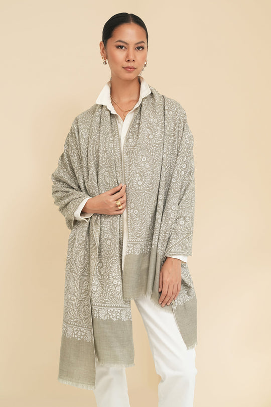 Kashmir Loom Sozni Paisley Jamawar Hand Embroidered Pashmina Shawl Grey Ivory