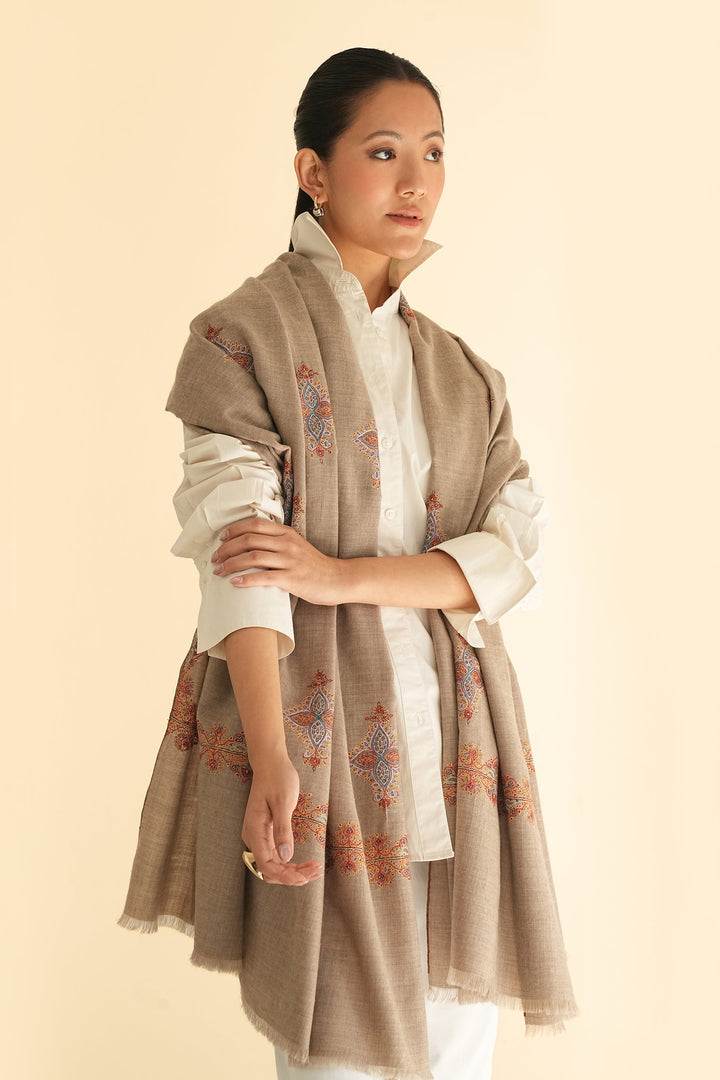 Kashmir Loom Sozni Neemdor Butidar Hand Embroidered Pashmina Shawl Natural