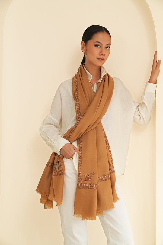 Kashmir Loom Sozni Neemdor Corner Buti Hand Embroidered Pashmina Shawl Tobacco