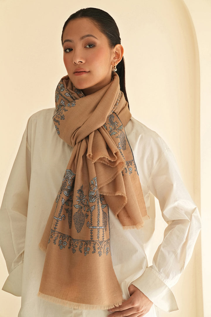 Kashmir Loom Sozni Palledar Hand Embroidered Pashmina Shawl Dyed Natural