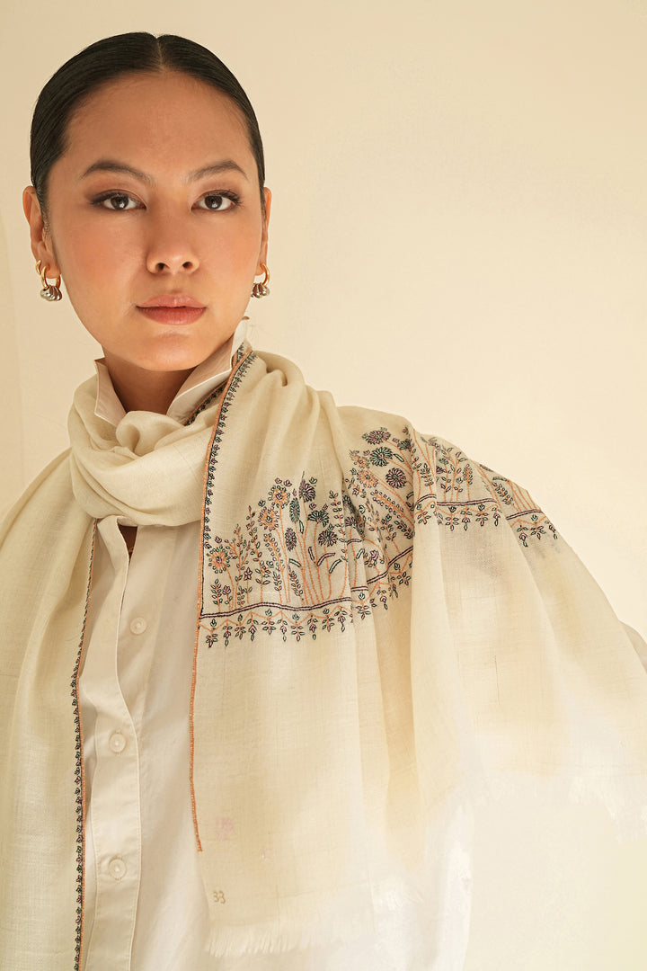 Kashmir Loom Sozni Palledar Hand Embroidered Pashmina Stole Ivory Multi