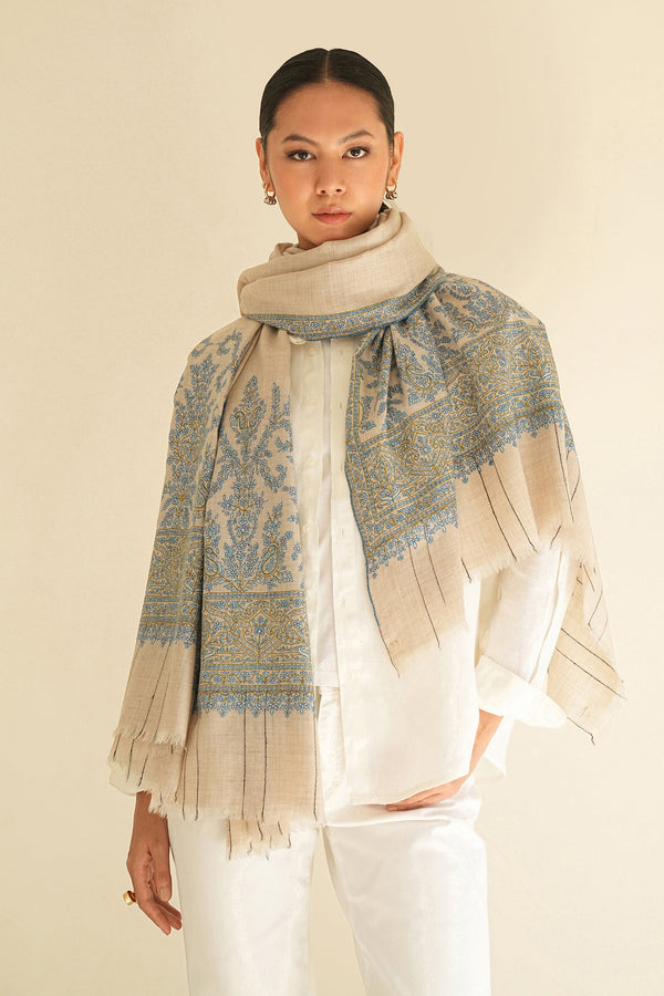 Sozni Palledar Hand Embroidered Pashmina Shawl Kuklihut Blue