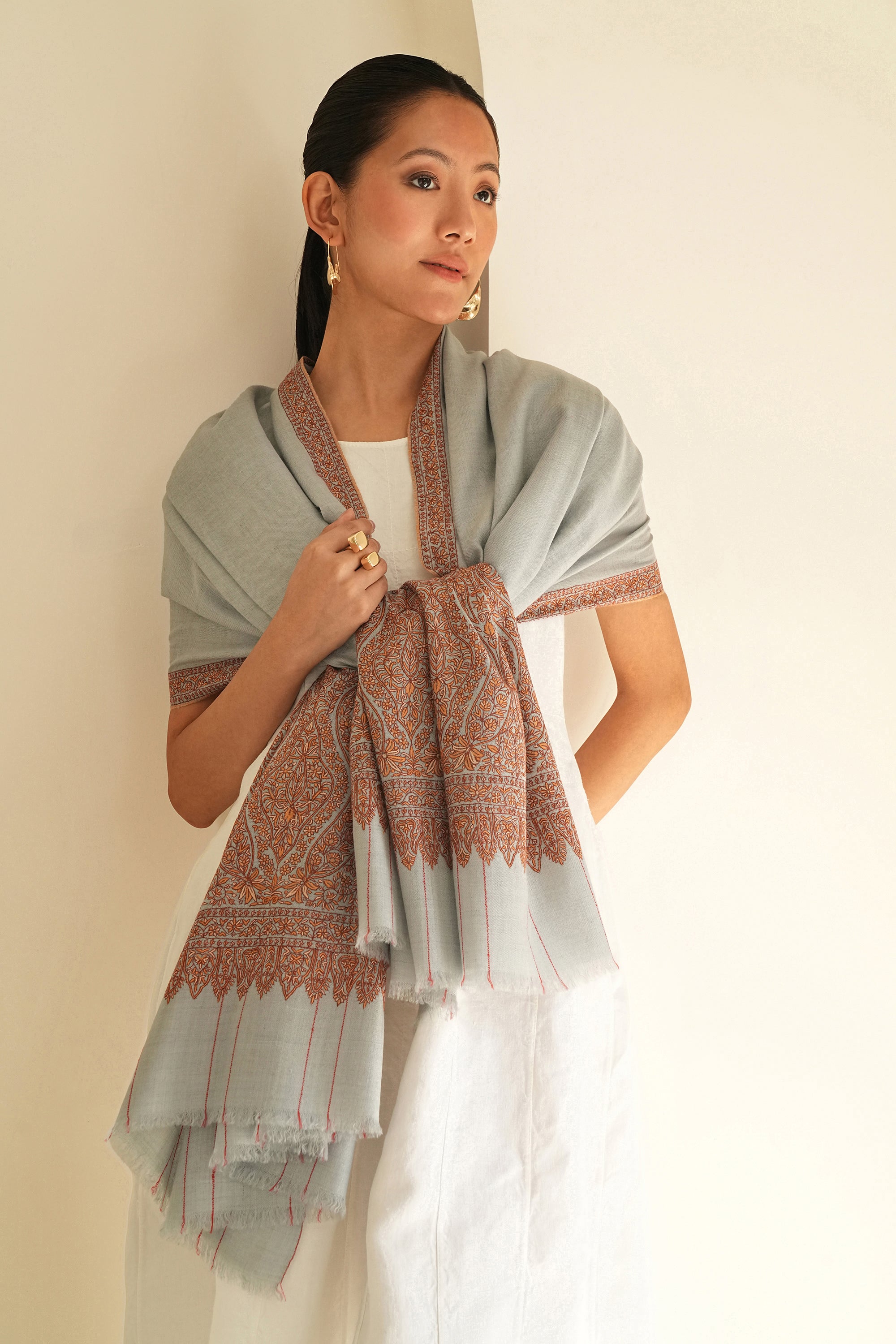 Sozni Palledar Hand Embroidered Pashmina Shawl Light Blue