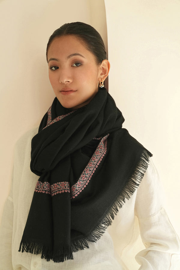 Sozni Shamsa Hashiya Hand Embroidered Pashmina Shawl Black