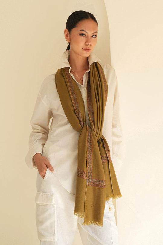 Kashmir Loom Sozni Yashir Hashiya Hand Embroidered Pashmina Shawl Ancient Green