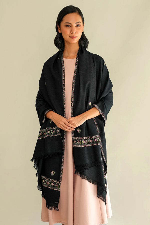 Sozni Fardauz Border Butidar Hand Embroidered Pashmina Shawl Black
