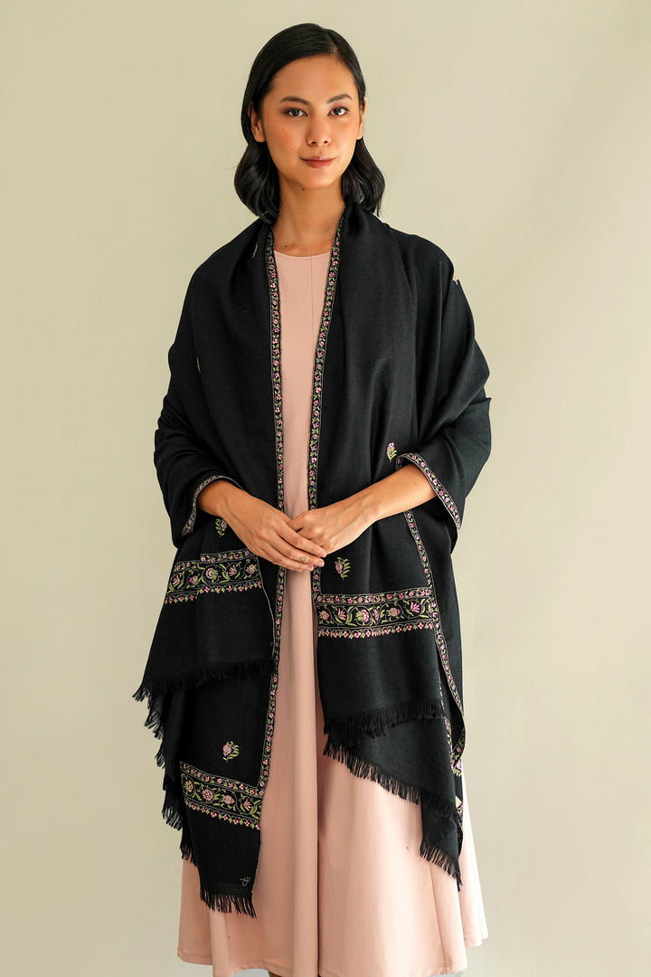 Kashmir Loom Sozni Fardauz Border Butidar Hand Embroidered Pashmina Shawl Black