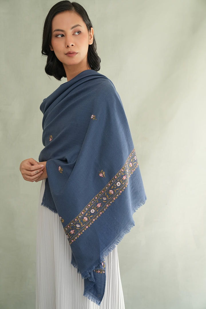 Kashmir Loom Sozni Fardauz Border Butidar Hand Embroidered Pashmina Shawl Neptune