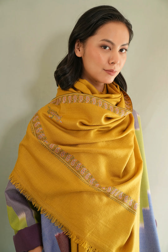 Kashmir Loom Sozni Gohar Neemdor Koundar Hand Embroidered Pashmina Large Shawl Mineral