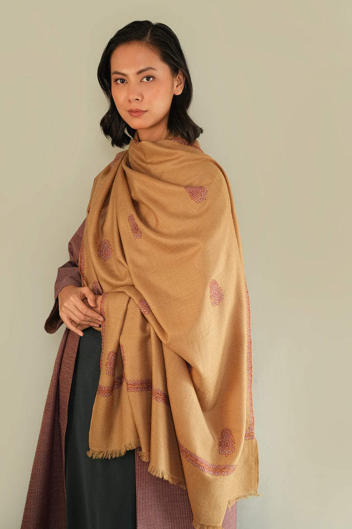 Kashmir Loom Sozni Hayat Butidar Hand Embroidered Pashmina Shawl Camel