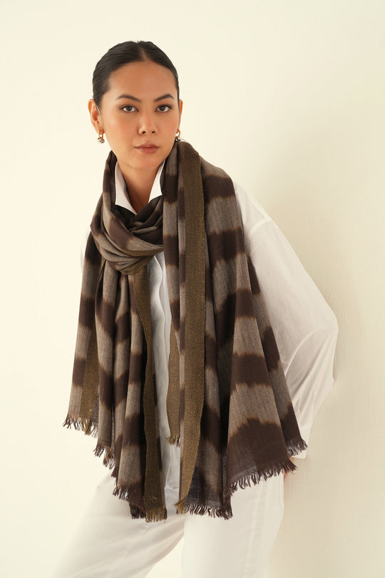 Kashmir Loom Chevron Ikat Cashmere Shawl 100 x 215 cms