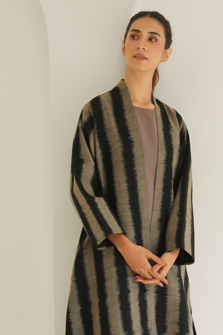Ikat Khatrast Cashmere Coat Black Natural Ivory
