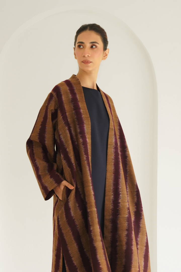 Ikat Khatrast Cashmere Coat Camel Maroon