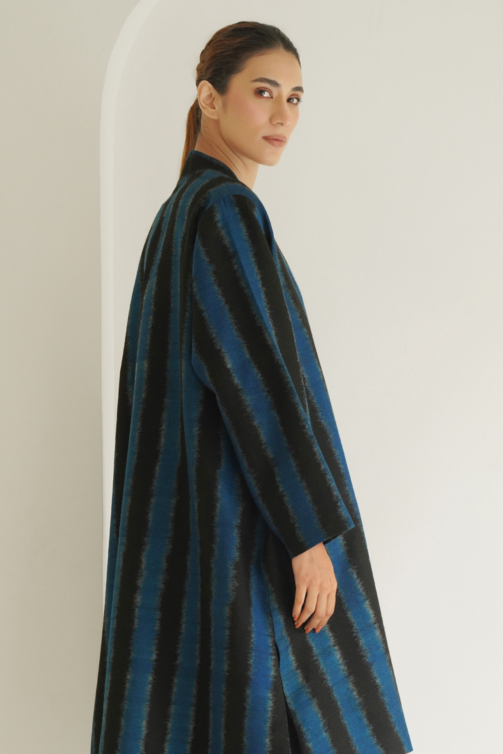 Ikat Khatrast Cashmere Coat Electric Blue Black