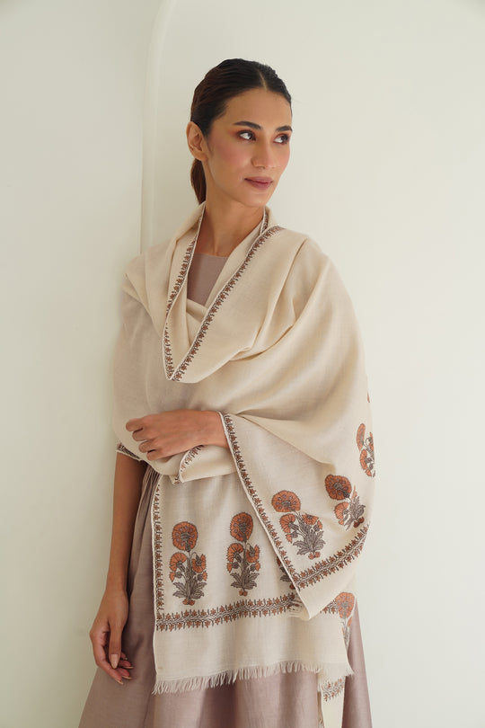 Gul Kasdi Palledar Hand Embroidered Pashmina Stole Ivory