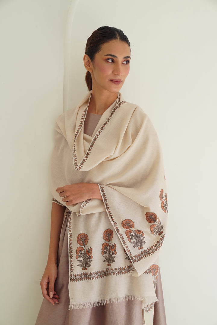 Gul Kasdi Palledar Hand Embroidered Pashmina Stole Ivory