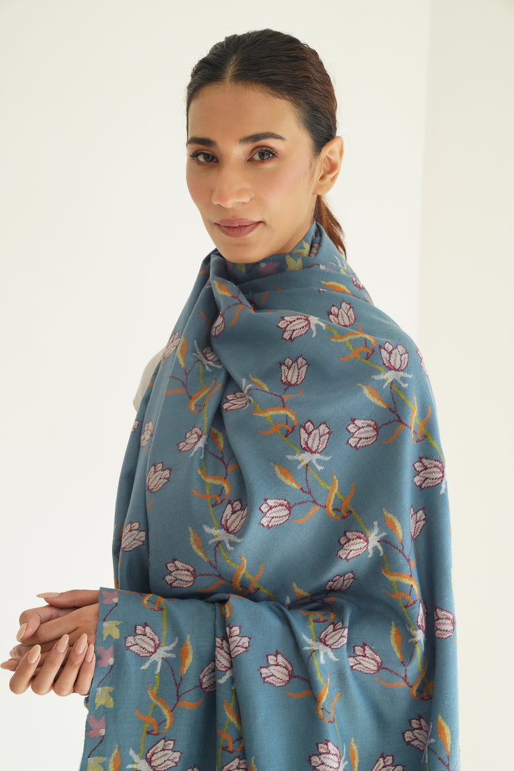 Kani Taheera Hand Woven Large Pashmina Shawl Teal