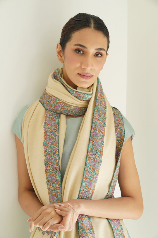 Sozni Dordar Hand Embroidered Oversize Pashmina Shawl Bone