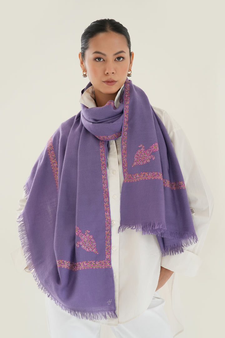 Kashmir Loom Sozni Jamila Hashiya Corner Buti Hand Embroidered Pashmina Shawl Plum Stone