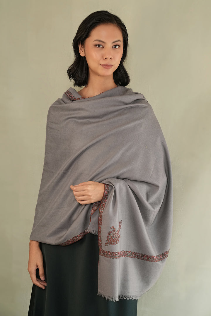 Kashmir Loom Sozni Jamila Hashiya Corner Buti Hand Embroidered Pashmina Shawl Cool Grey