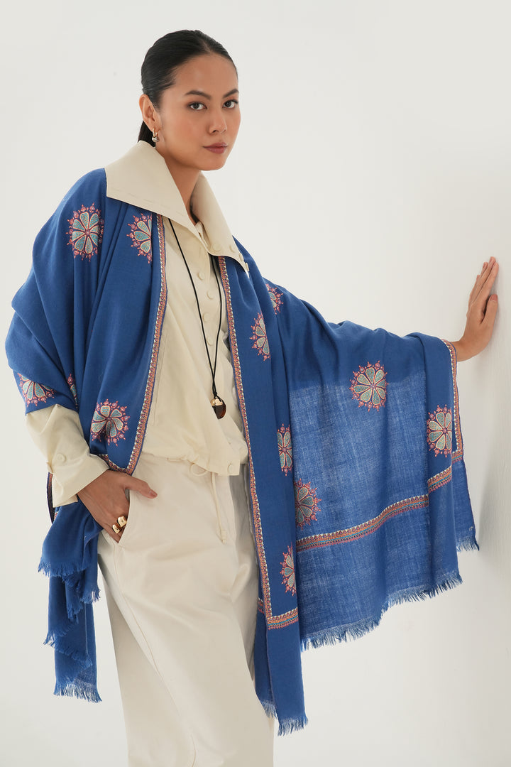 Kashmir Loom Sozni Kahkeshan Bail Buta Hand Embroidered Pashmina Shawl Nebula