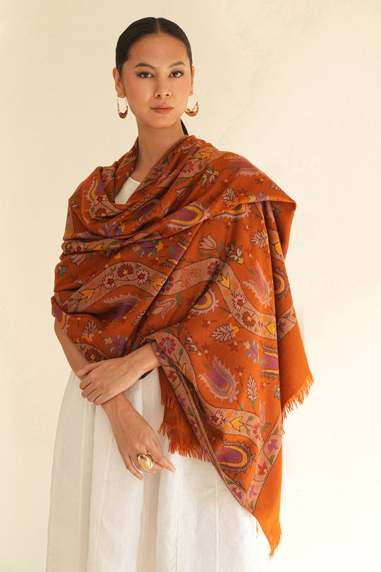 Kashmir Loom Kani Aabdhar Khatrast Hand Woven Pashmina Large Shawl Rust Natural