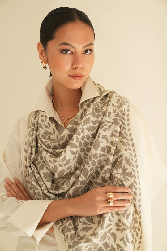 Kashmir Loom Kani Farnaz Jaalposh Hand Woven Pashmina Shawl Ivory Natural