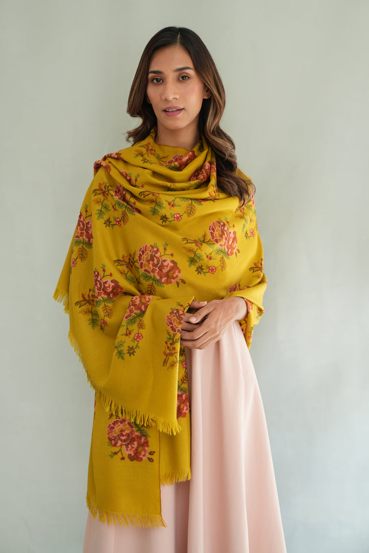 Kashmir Loom Kani Gulandar Gul Hand Woven Pashmina Shawl Green Gold