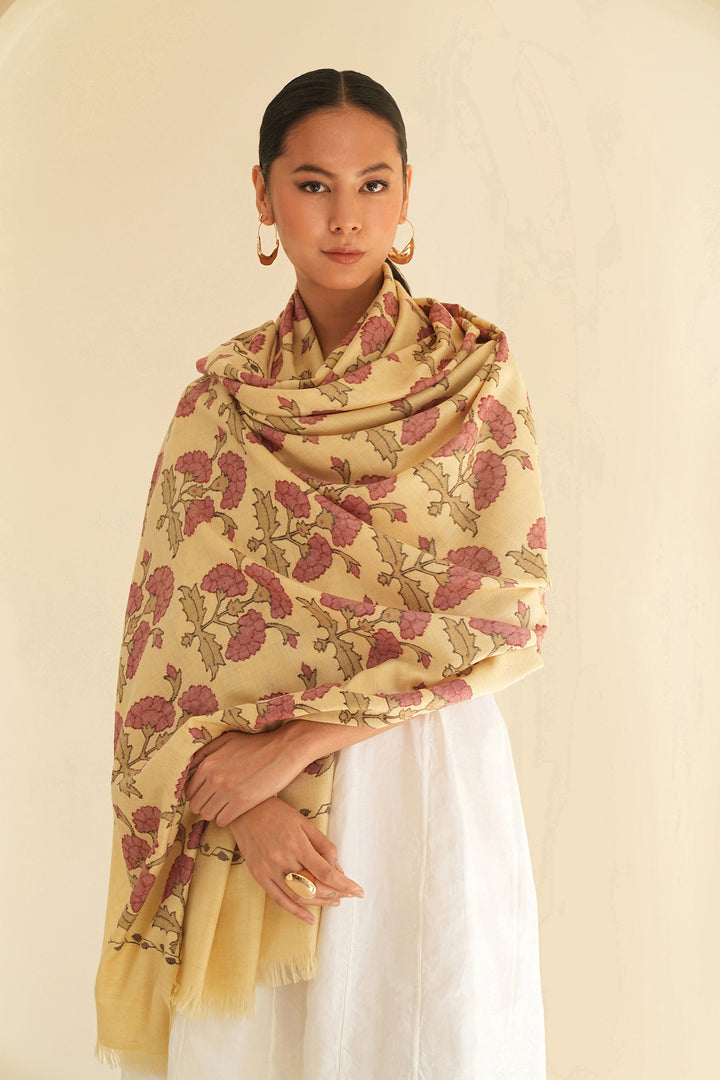 Kashmir Loom Kani Gulraz Buta Jamawar Hand Woven Pashmina Large Shawl Butter Pink