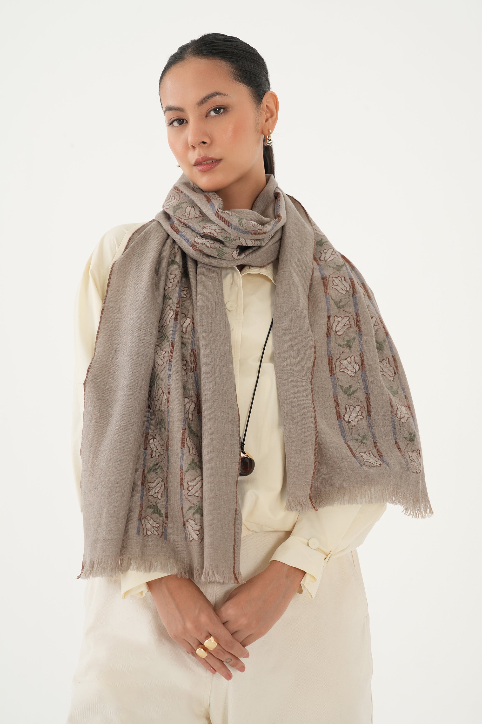 Kani Haft Bail Khatrast Hand Woven Pashmina Scraf Natural