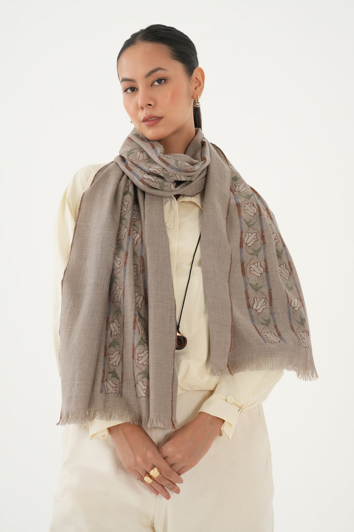 Kashmir Loom Kani Haft Bail Khatrast Hand Woven Pashmina Scraf Natural