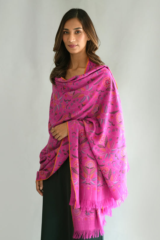 Kashmir Loom Kani Heer Posh Hand Woven Pashmina Large Shawl Fuchsia