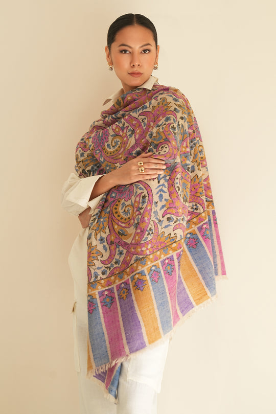 Kashmir Loom Kani Kanikar Hand Woven Pashmina Large Shawl Natural Multi