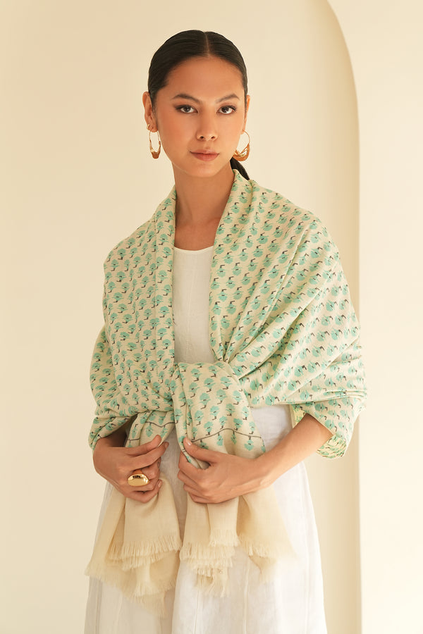 Kani Machi Butidar Hand Woven Pashmina Shawl Ivory