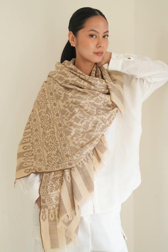 Kashmir Loom Kani Marziya Jaaldar Hand Woven Pashmina Shawl Gobi Mocha