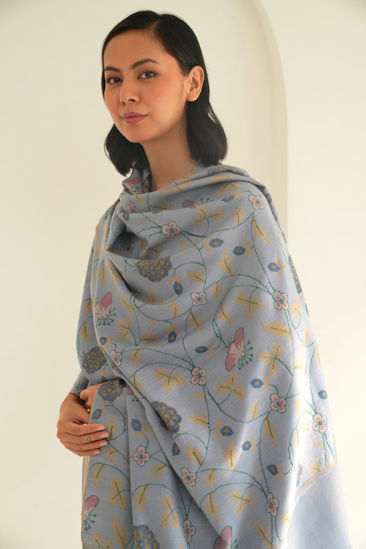 Kashmir Loom Kani Mehr Naz Hand Woven Pashmina Shawl Periwinkle