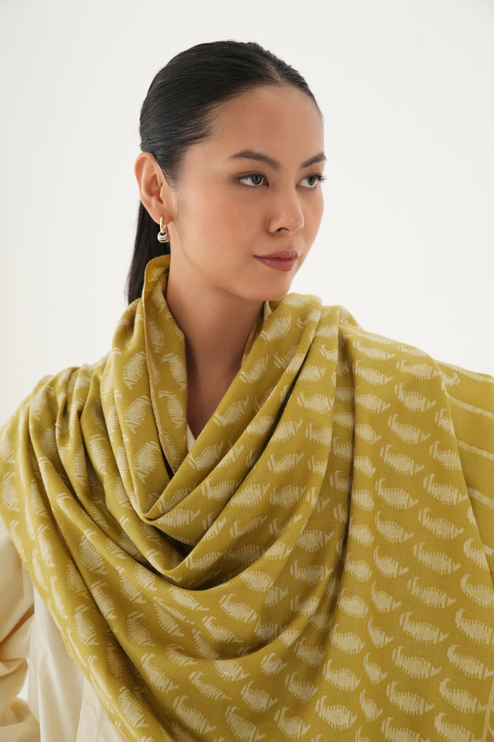 Kashmir Loom Kani Paisley Buti Jamawar Hand Woven Pashmina Stole Gold Oak Ivory
