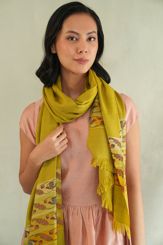 Kashmir Loom Kani Parhez Palledar Hand Woven Pashmina Stole Green Ivory