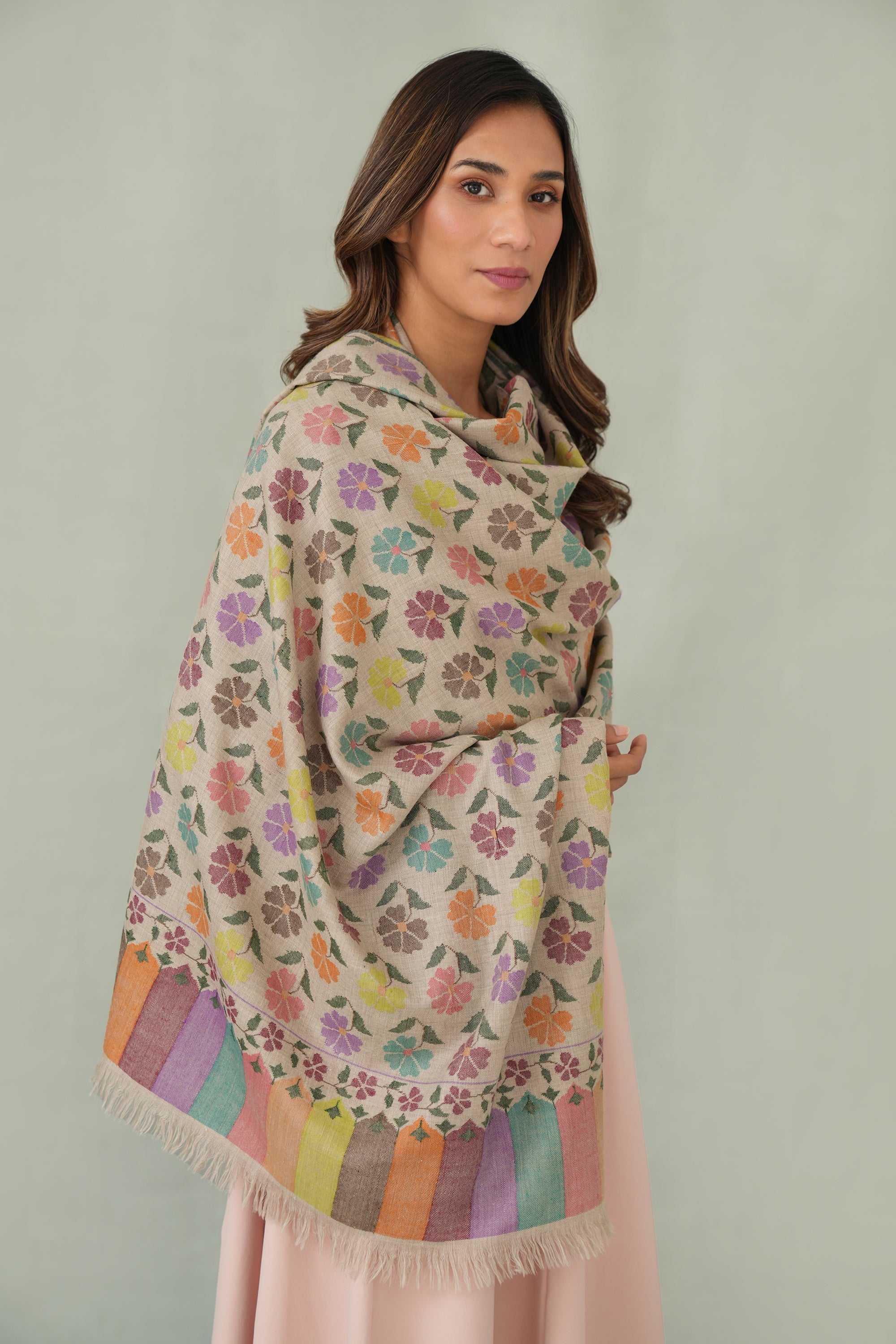 Kani Poppy Multi Buti Hand Woven Pashmina Shawl Kuklihut Multi