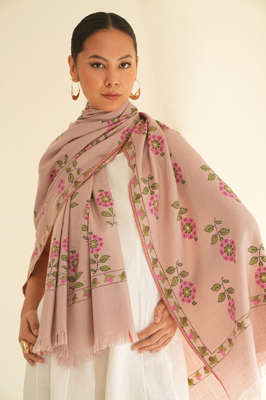 Kani Posh Butidar Hand Woven Pashmina Shawl Mist
