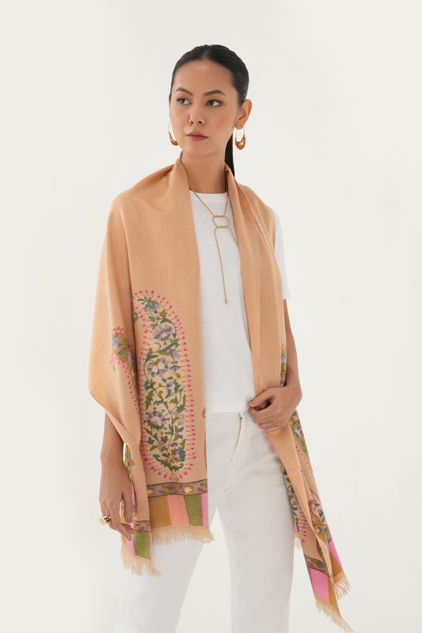 Kani Rang Badam Buta Palledar Hand woven Pashmina Scarf Sandune