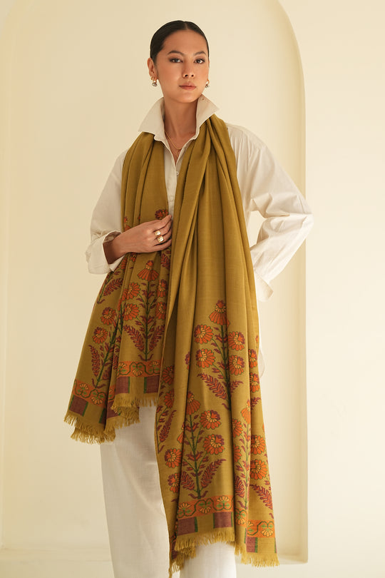 Kashmir Loom Kani Shalizar Palledar Hand Woven Pashmina Large Shawl Antique Olive