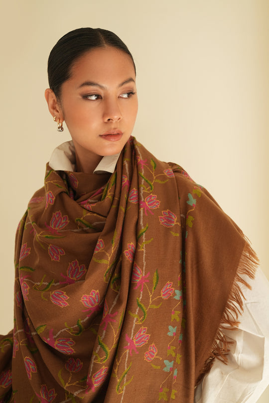 Kashmir Loom Kani Taheera Khatrast Hand Woven Pashmina Large Shawl Bronze